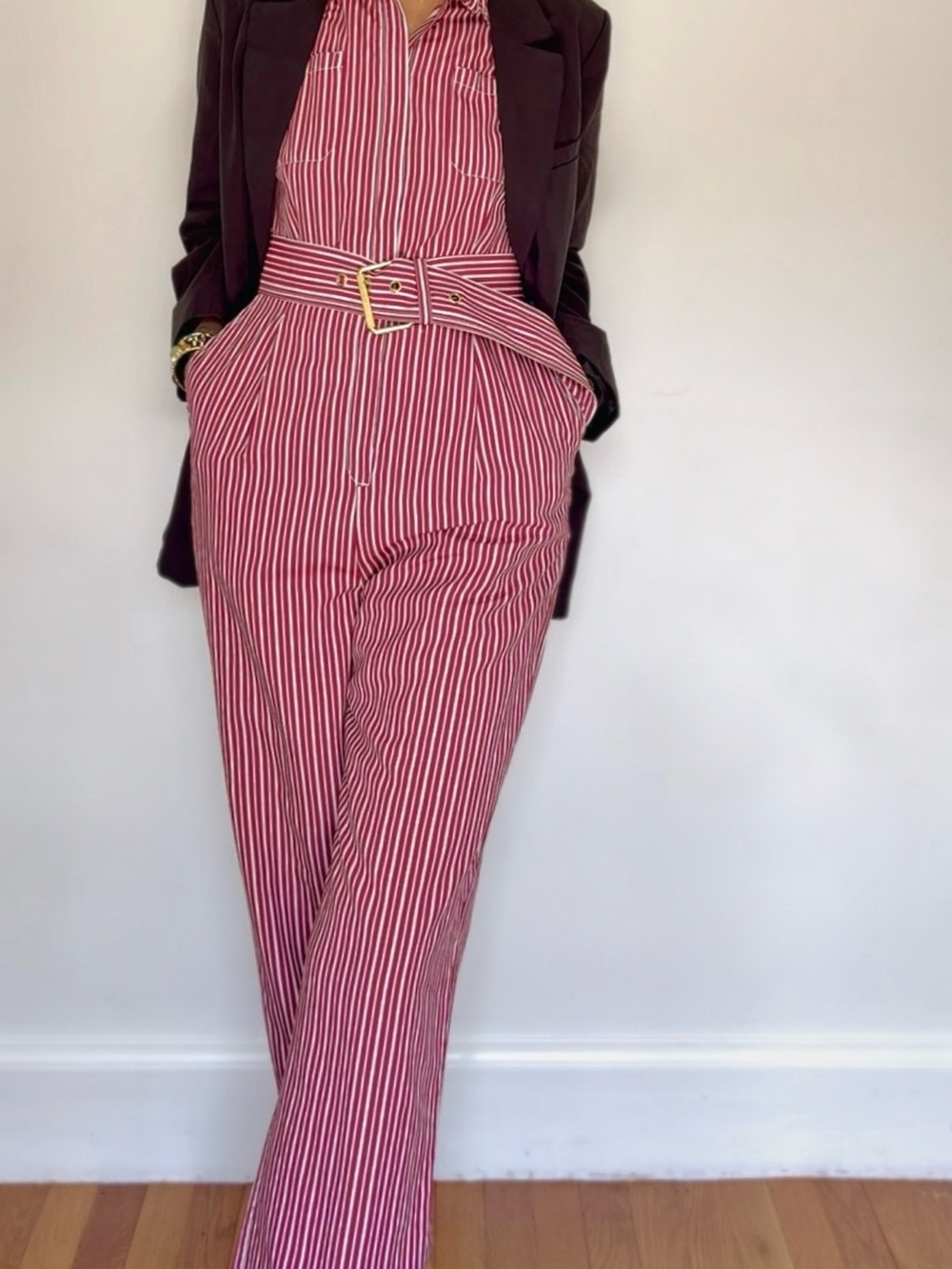 Diane Von Furstenberg Red and White Striped Wide-Leg Trousers with Belt